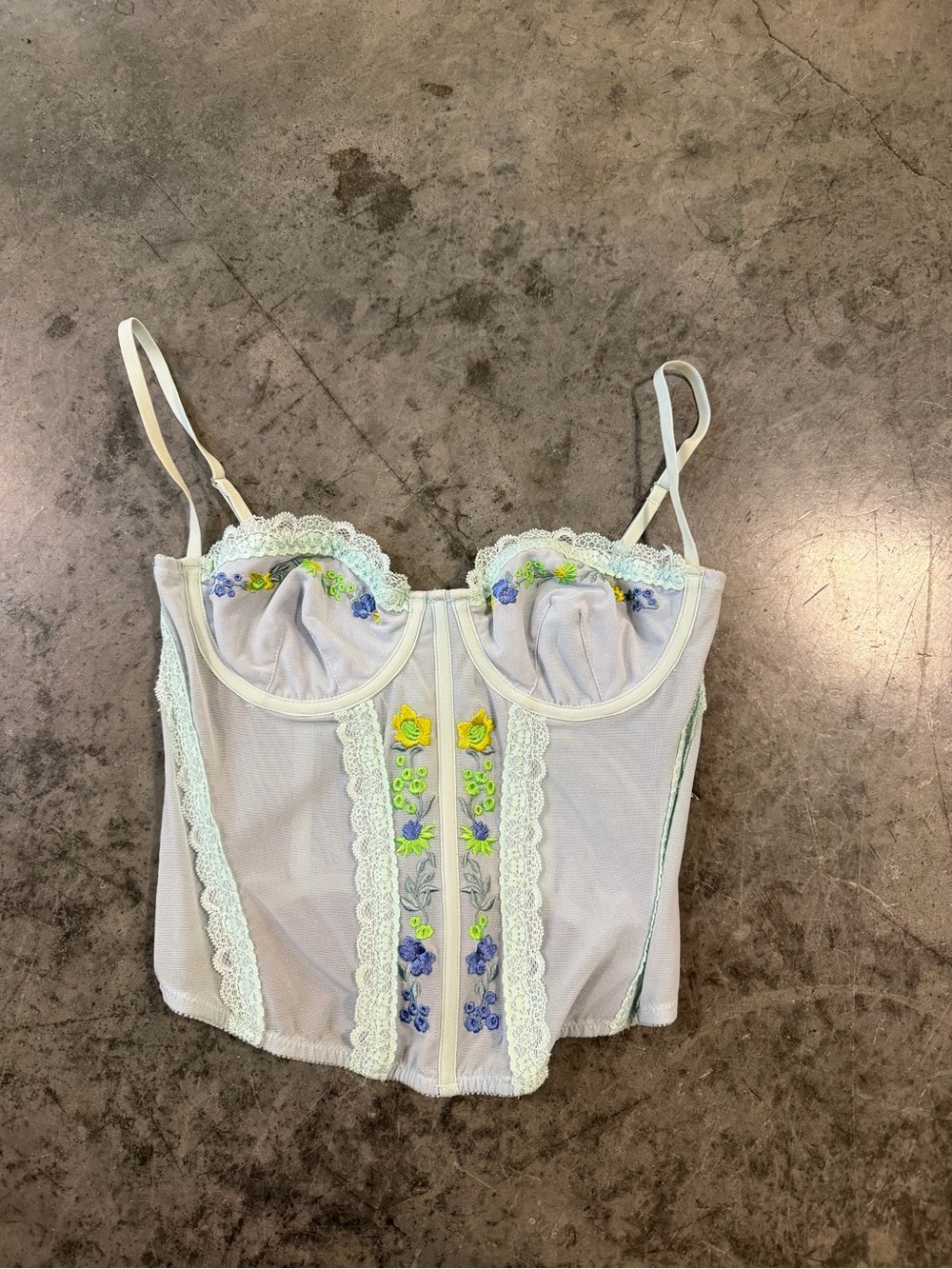 Urban Outfitters Sheer Lace Trim Bustier Top in Pale Mint with Floral Embroidery